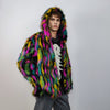 Hooded faux fur striped neon jacket zebra bomber raver puffer fluffy tie-dye fleece festival trench burning man going out overcoat in black