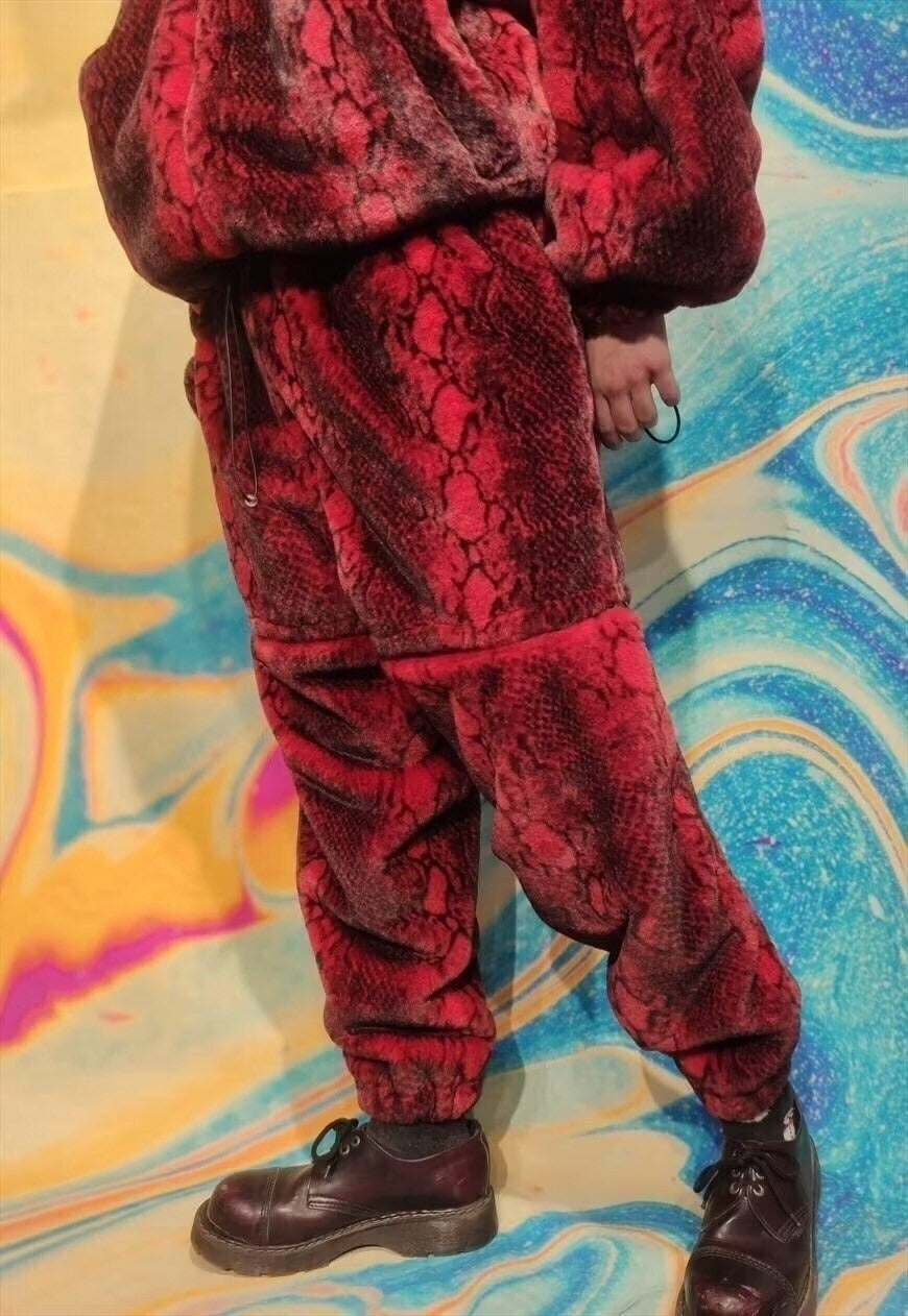 Snake fur joggers handmade luxury python fleece pants in red