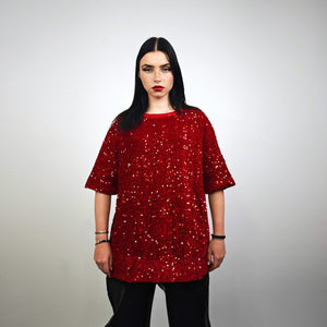 Red sequin embellished top luxury embroidered t-shirt geometric pattern tee shiny luminous going out fancy dress jumper party pullover