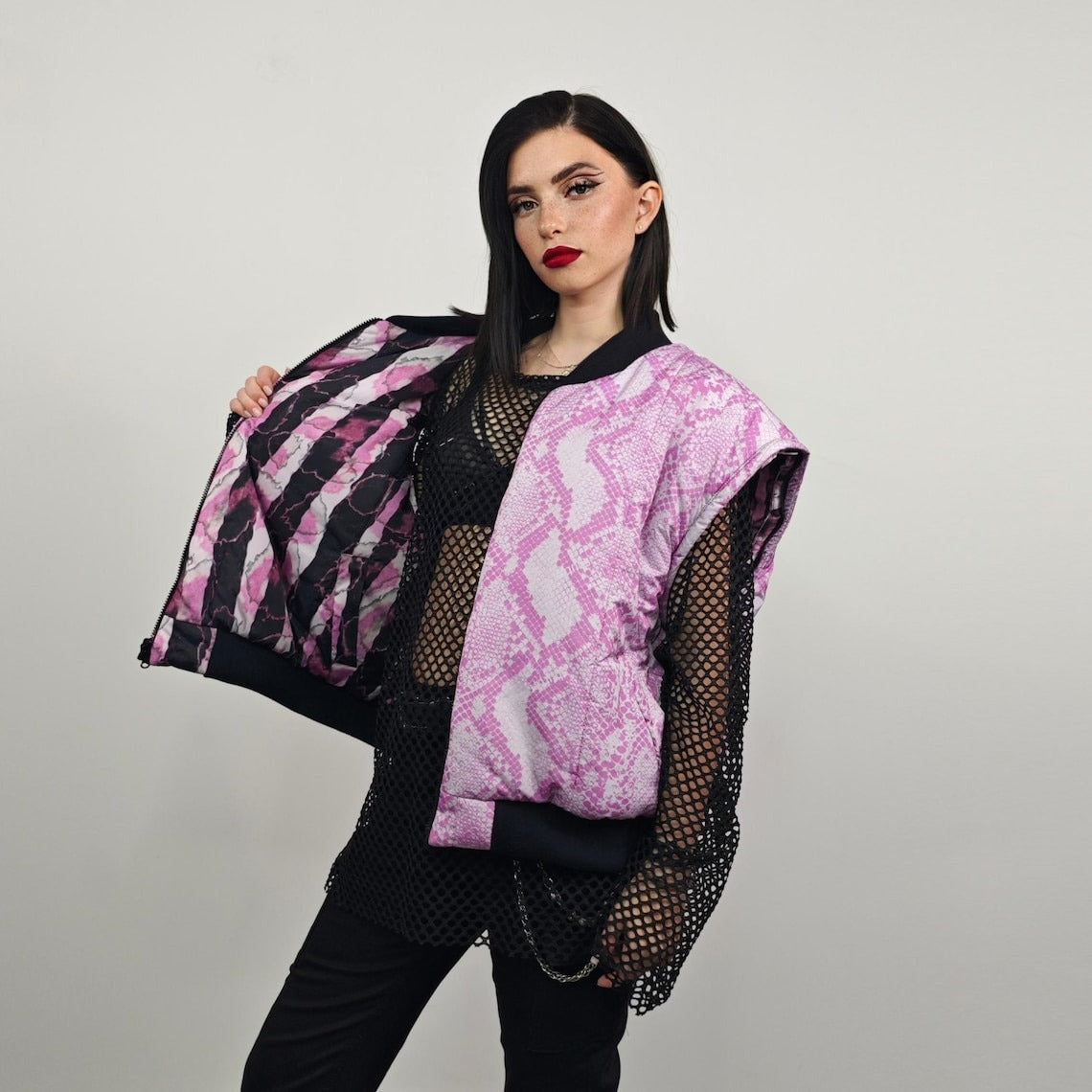 Pink snake bomber python print jacket raver reversible college varsity detachable sleeves handmade crocodile puffer grunge punk rocker coat