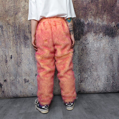 Festival faux fur joggers luminous detachable rave pants handmade fluorescent fleece party shorts premium tie-dye overalls in orange pink