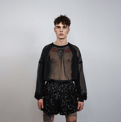 Black sequin shorts glitter pants sparkle elastic waist party trousers glam rock short joggers embellished bottoms in dark metallic