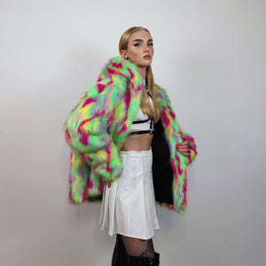 Hooded faux fur jacket psychedelic coat shaggy trench bright raver bomber fluffy fleece festival jacket neon burning man overcoat green pink