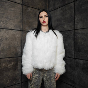 Collarless faux fur coat white cropped luxury bomber fluffy glam fleece detachable sleeves festival jacket burning man short overcoat