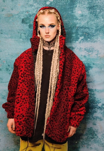 Leopard fleece hooded jacket handmade fluffy animal coat red