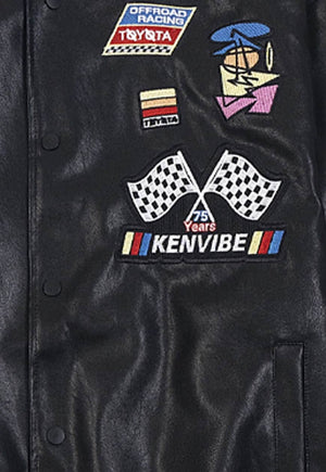 Faux leather racing jacket motorsports PU patchwork bomber