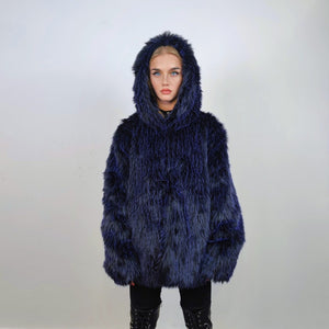 Hooded shaggy faux fur coat luxury fuzzy bomber luminous raver puffer fluffy fleece long hair going out trench burning man overcoat blue