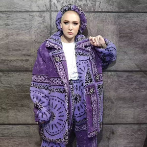 Paisley fleece jacket handmade bandanna trench coat purple