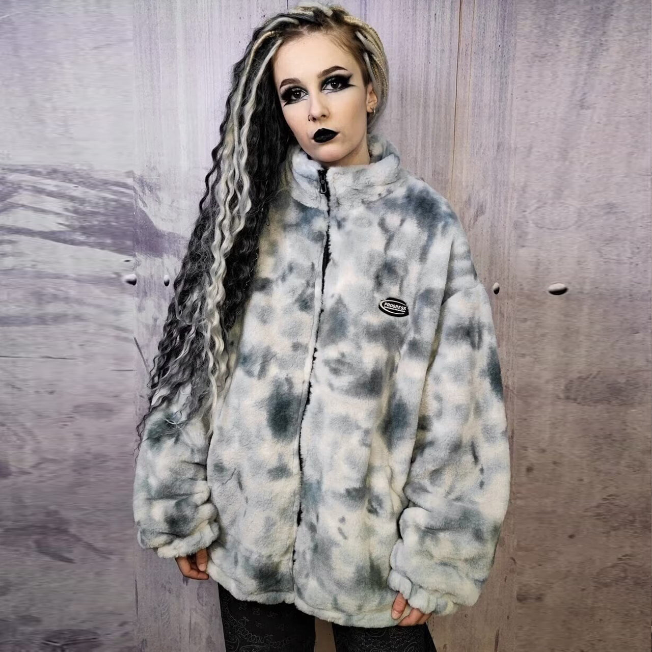 Tie-dye fleece jacket in blue gradient sky print bomber