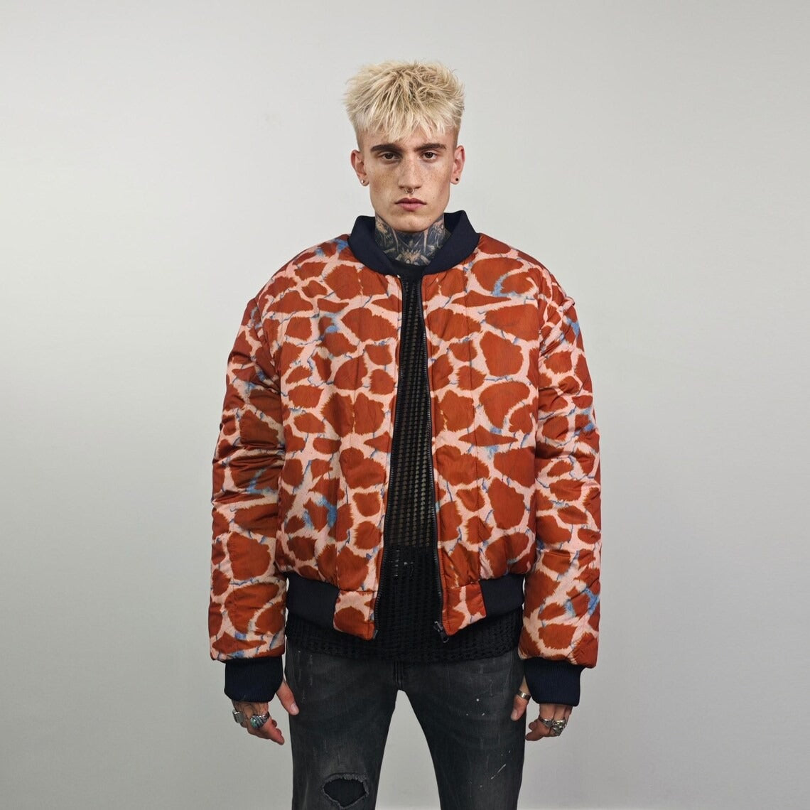 Animal print bomber yellow giraffe jacket reversible college varsity detachable sleeves handmade grunge raver coat festival puffer