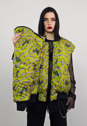 Animal print varsity jacket green striped reversible bomber