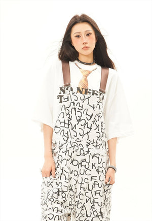 Punk dungarees graffiti print overalls jean playsuit white