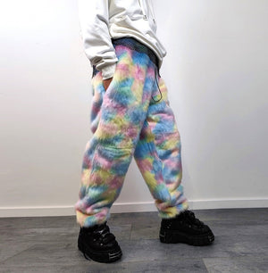 Unicorn fur joggers winter raver pants fluffy rainbow trousers skiing fleece tie-dye overalls festival bottoms burning man pants pastel pink