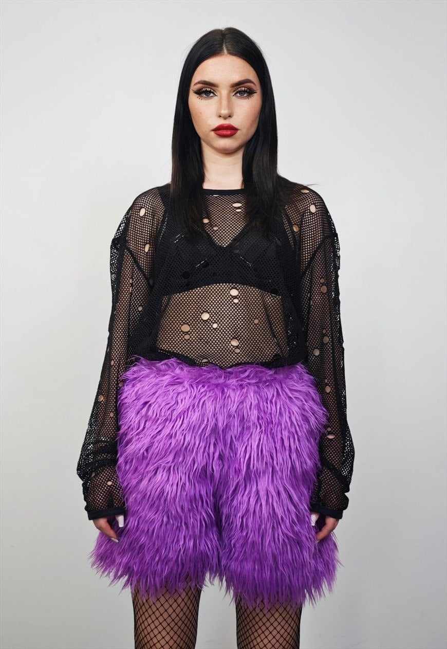 Faux fur shorts purple shaggy cropped pants raver joggers