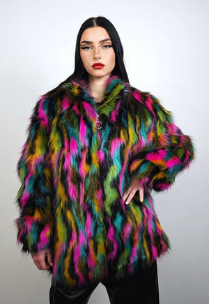 Rainbow faux fur coat parrot fuzzy jacket raised neck trench