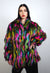 Rainbow faux fur coat parrot fuzzy jacket raised neck trench