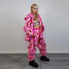 Hooded faux fur striped jacket zebra bomber neon raver coat fluffy tie-dye fleece festival puffer burning man going out overcoat red pink