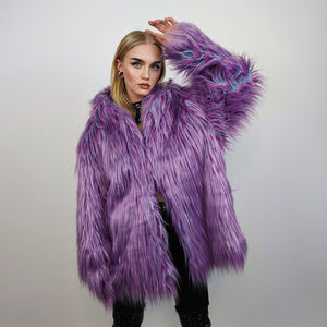 Shaggy faux fur jacket lavender neon bomber rave coat fluffy puffer Taylor Swift fleece luminous festival hood burning man overcoat purple