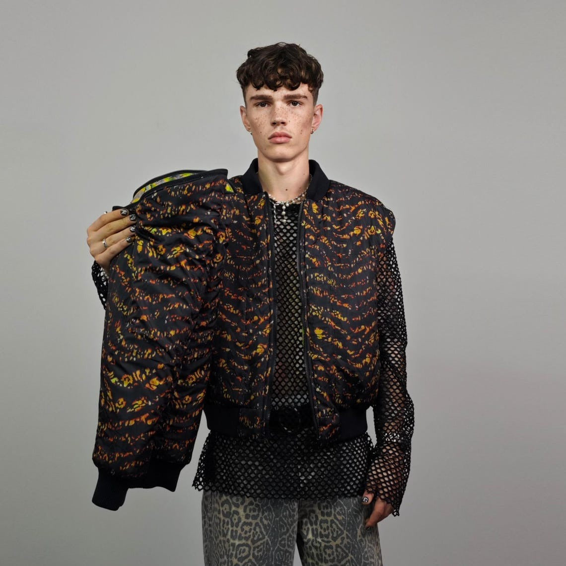 Psychedelic bomber animal print jacket green reversible tropical college varsity detachable sleeves handmade rave puffer festival neon coat