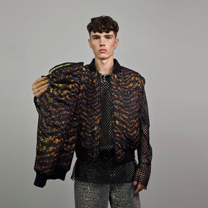 Psychedelic bomber animal print jacket green reversible tropical college varsity detachable sleeves handmade rave puffer festival neon coat