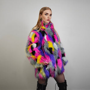 Patch faux fur jacket raised neck coat bright raver bomber fluffy rainbow fleece bright festival track jacket burning man overcoat pink grey