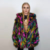 Hooded faux fur stripe neon jacket festival bomber rave coat