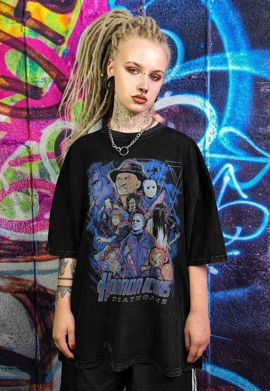 Horror movie t-shirt Y2K retro Gothic tee in acid black