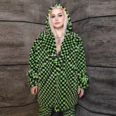 Check fleece coat handmade 2in1 faux fur trench in green