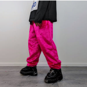 Neon faux fur joggers winter raver pants fluffy skiing trousers mountain fleece overalls festival bottoms burning man pants in fuchsia pink