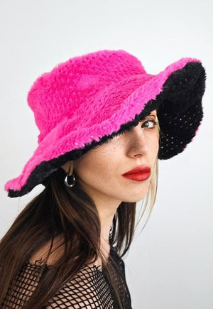 Embellished fleece bucket pink reversible fedora two sided