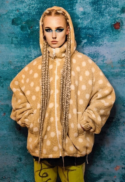 Polka dot fleece hooded jacket handmade retro fluffy coat