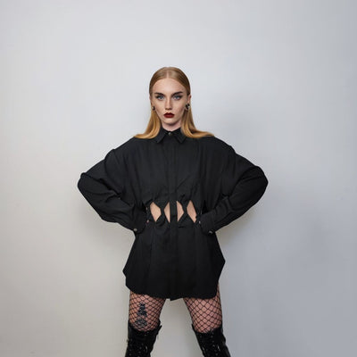 Cut out shirt long sleeve geometric hole top mesh blouse see-through oversize gothic top bondage sweatshirt crotchet jumper in black