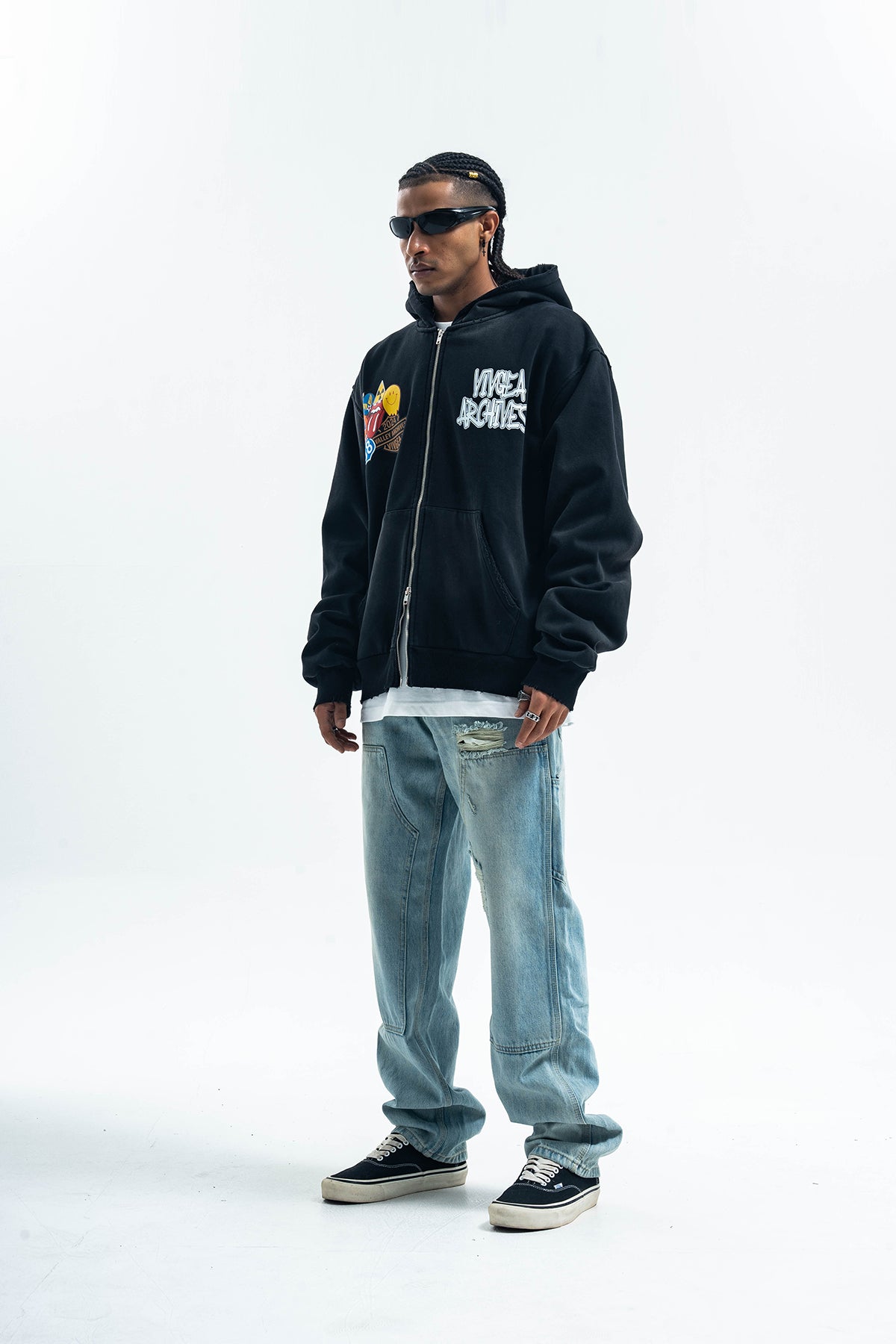 Rocker hoodie retro band pullover grunge gorpcore jumper in black