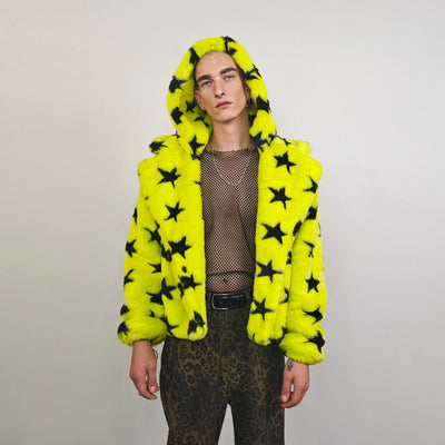 Star print coat yellow fauxfur geometric cropped bomber fluffy carnival fleece detachable sleeves festival jacket short psychedelic overcoat