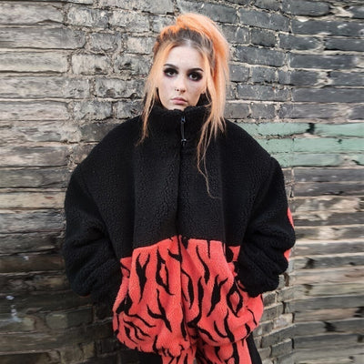 Grunge fleece bomber handmade warm zebra jacket in orange