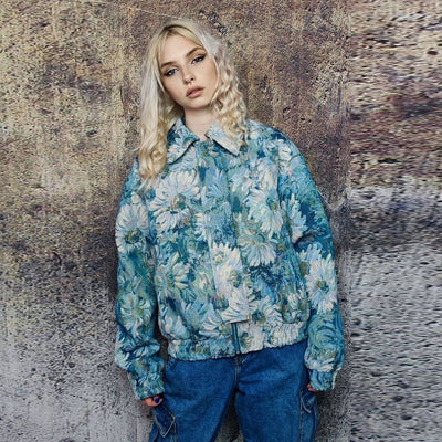 Floral print denim jacket shoulder padded crop jean bomber