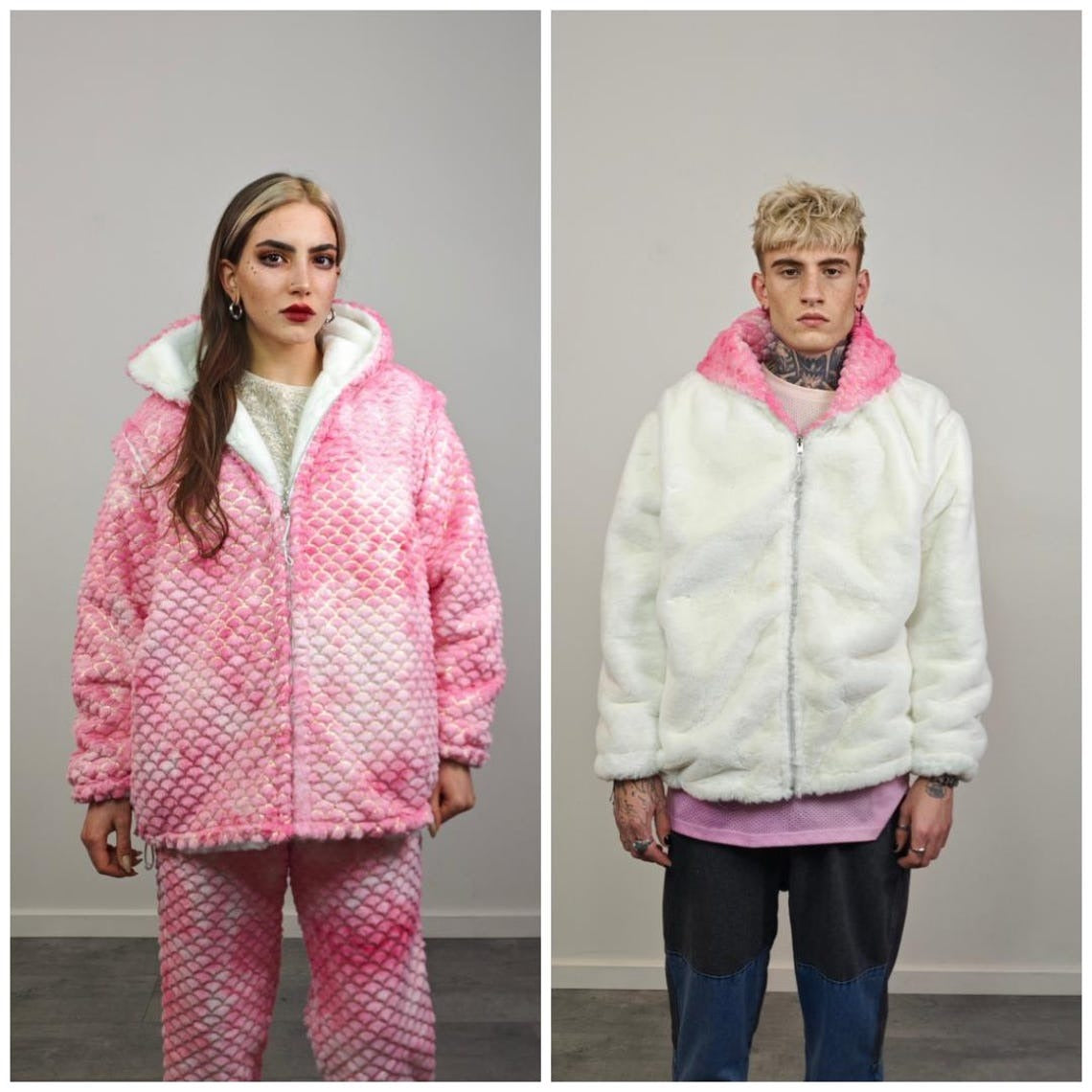 Pastel pink fleece jacket reversible mermaid hood faux fur bomber retro geometric coat burning man overcoat fluffy golden rave festival set