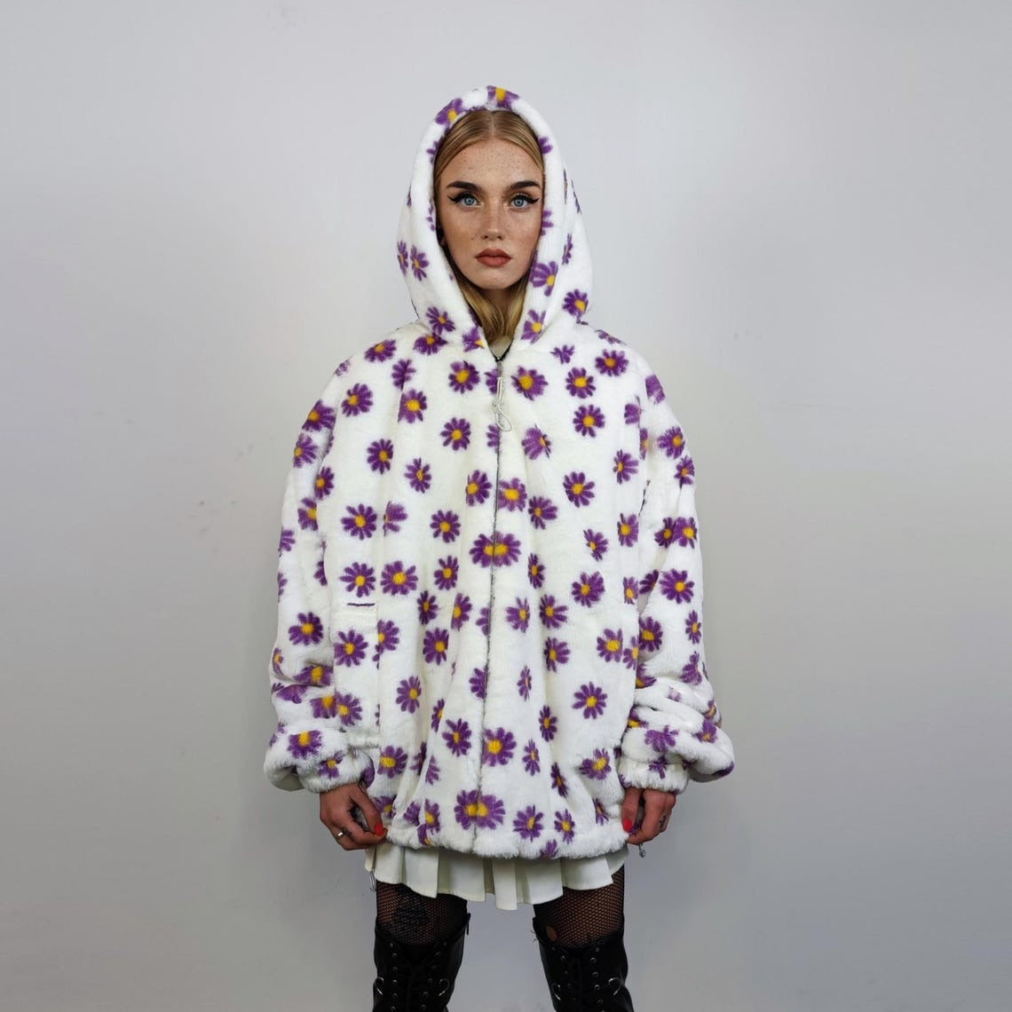 Floral fleece jacket white daisy print bomber fluffy sunflower pullover handmade rave festival overcoat grunge fuzzy hoodie