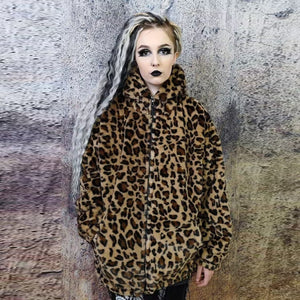 Leopard fleece jacket in brown animal print hooded bomber