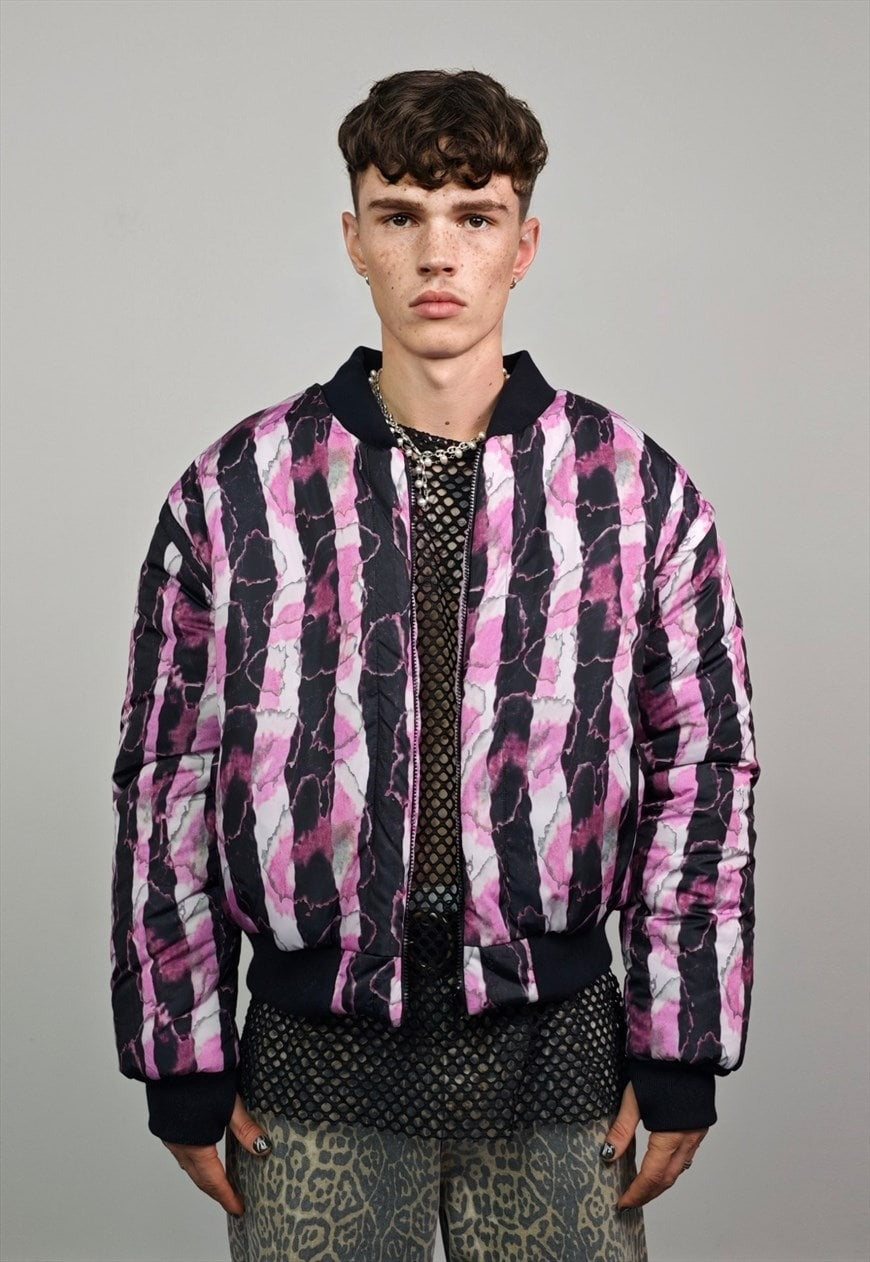 Vertical stripe varsity jacket pink black reversible bomber