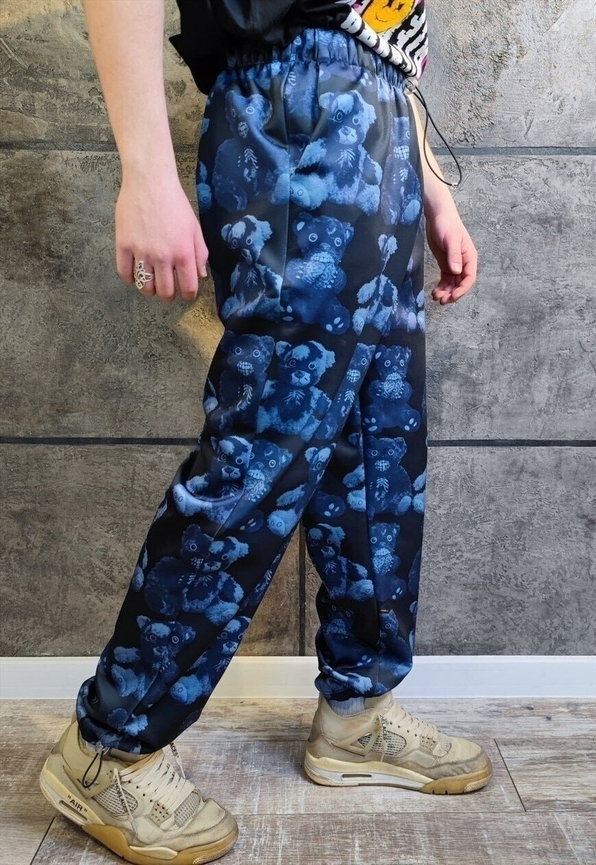 Teddy bear print joggers handmade Gothic overalls in blue