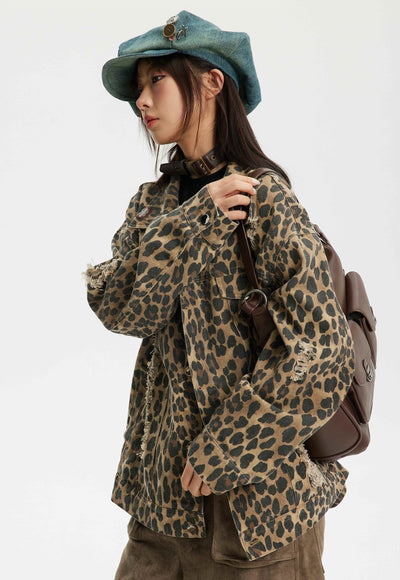 Leopard denim jacket ripped animal jean bomber cheetah coat