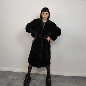 Gothic faux fur coat belted utility trench 80s inspired fluffy jacket gorpcore shaggy bomber long fleece grunge punk mac in black