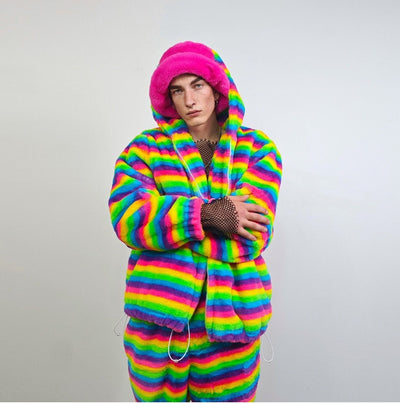 Striped rainbow fleece jacket psychedelic hood festival glitch rave bomber carnival overcoat LGBT jumper gay pride pullover burning man top