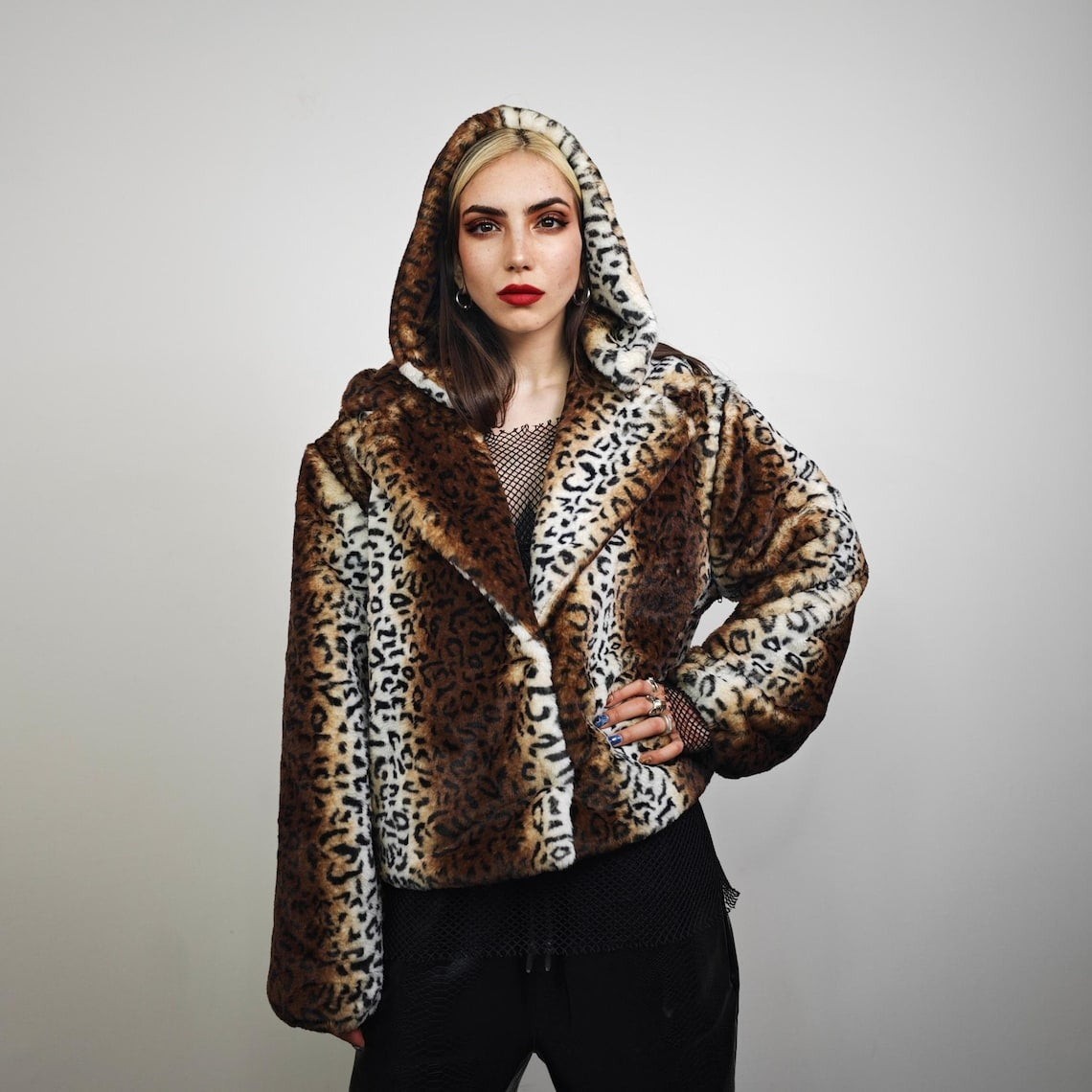 Animal print collarless coat brown short leopard jacket cheetah trench faux fur detachable sleeves spot pattern festival overcoat fleece