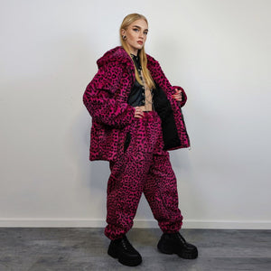 Hooded faux fur leopard jacket animal print bomber bright raver coat fluffy cheetah fleece festival puffer neon burning man overcoat in pink