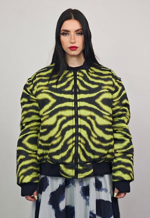 Zebra print varsity jacket green striped reversible bomber