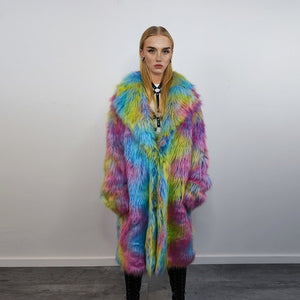 Rainbow Faux fur long coat unicorn trench neon raver bomber fluffy tie-dye fleece psychedelic festival jacket burning man going out coat