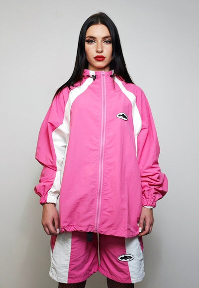 Pink track jacket hooded sports jumper colour block pullover