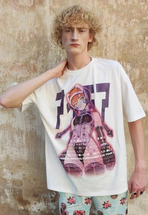 Anime print t-shirt multi slogan Korean tee in white